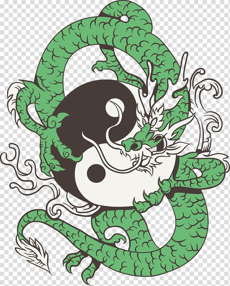 green dragon and Yin Yang illustration, T-shirt Chinese dragon Poster Japanese dragon, dragon transparent background PNG clipart
