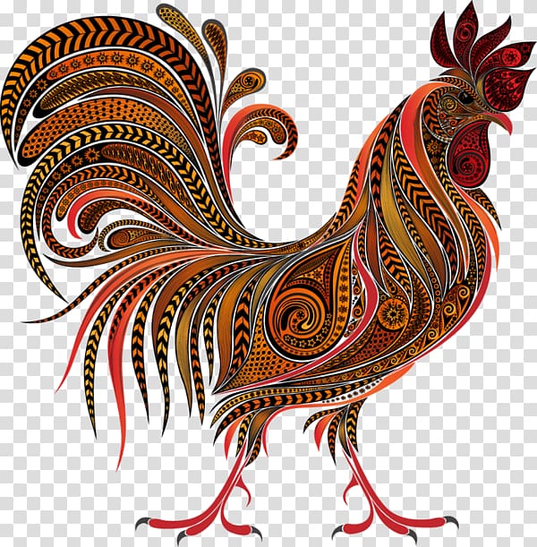 red, yellow, and blue rooster artwork, Rooster Chinese New Year , China Wind rooster transparent background PNG clipart