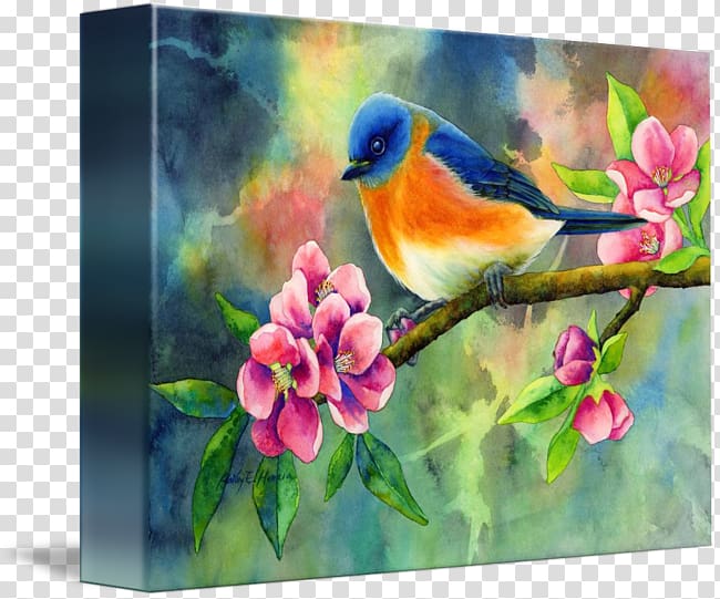 Watercolor painting Bird-and-flower painting Canvas print, Eastern Bluebird transparent background PNG clipart