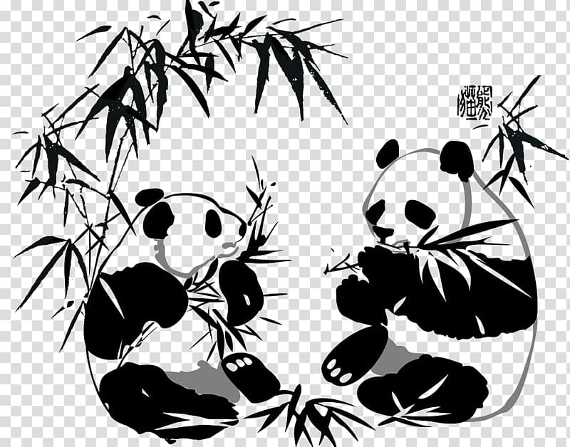 two panda bears sketches, Giant panda Paper Chinese cuisine Take-out Car, Panda eating bamboo transparent background PNG clipart