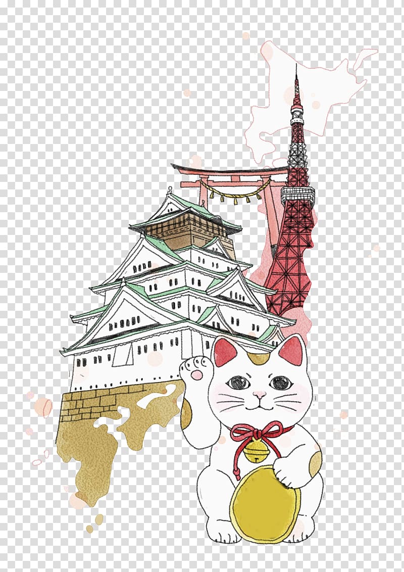 Landmark Cartoon Building Watercolor painting, Hand painted watercolor Lucky Cat attractions transparent background PNG clipart