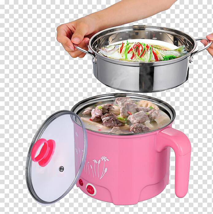 Rice cooker Hot pot Steaming Congee Baozi, Pink rice cooker is cooking meals transparent background PNG clipart
