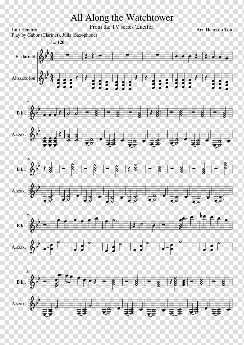 Sheet Music All Along the Watchtower Clarinet Piano, sheet music transparent background PNG clipart