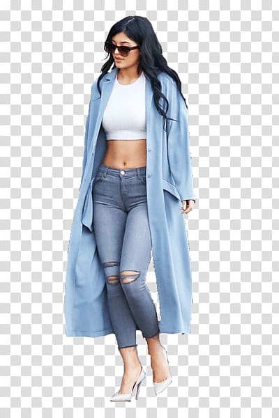 walking woman wearing long cardigan, crop top, and jeans, Kylie Jenner Walking transparent background PNG clipart