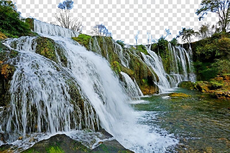 waterfalls under clear blue sky during daytime, Tianhetan Scenic Area Waterfall PARA Lake Resort, Tianhe Lake Scenic Area transparent background PNG clipart