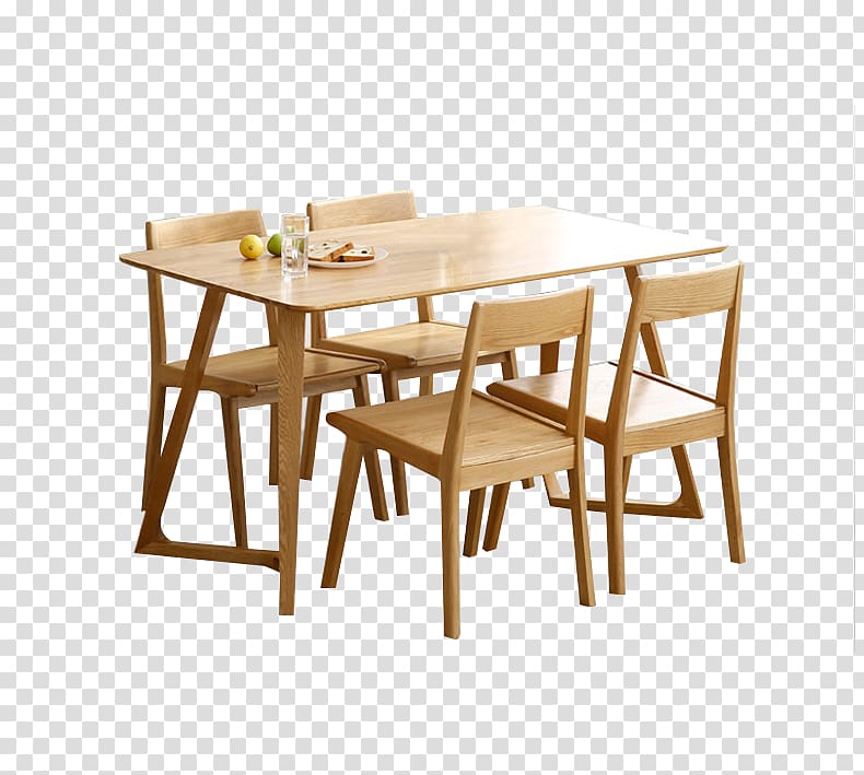 brown wooden dining table with four chairs set with food on top, Coffee table Chair Dining room, Wood light dining tables and chairs transparent background PNG clipart