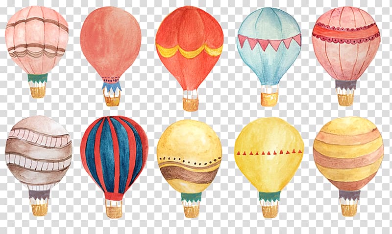 ten assorted-color hot air balloons illustration, Watercolor painting Hot air balloon, Hand-painted watercolor hot air balloon transparent background PNG clipart