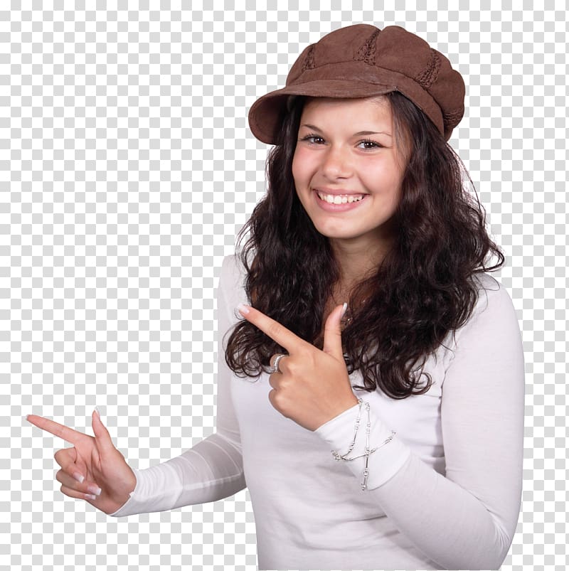 smiling girl wearing brown cap and white long-sleeved shirt, Girl Woman, Beautiful Young Girl Pointing Her Finger transparent background PNG clipart