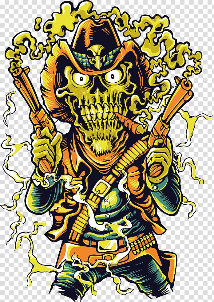 skeleton with gun illustration, T-shirt Euclidean Cowboy Printmaking Clothing, Skull Cowboy transparent background PNG clipart