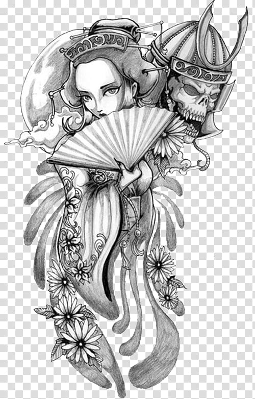 Praying Hands Tattoo Geisha Samurai Drawing, Ancient wind figure transparent background PNG clipart