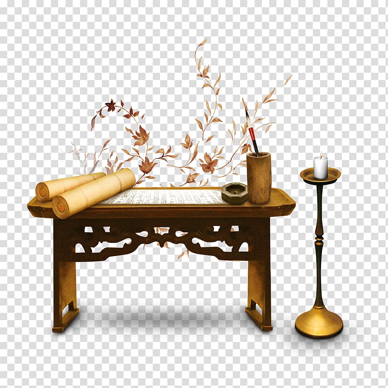 brown wooden table, Desk Paper Chinoiserie Advertising, Candle next to the desk transparent background PNG clipart