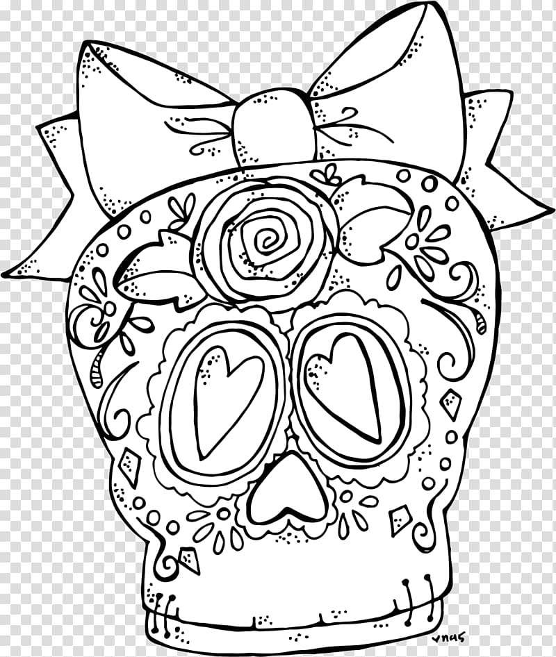 Digital stamp Coloring book Drawing Black and white, sugar skull transparent background PNG clipart