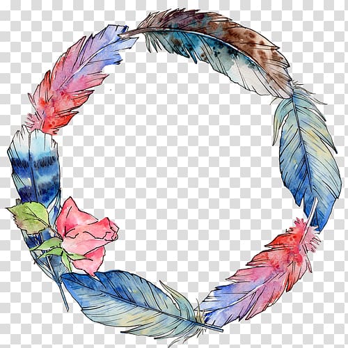Bird Feather Wing Watercolor painting Circle, sen department feather wreath of flowers transparent background PNG clipart