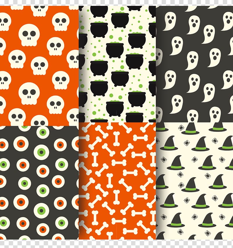 six assorted panel designs, Halloween Jack-o\'-lantern Textile Pattern, Cute Halloween seamless background transparent background PNG clipart
