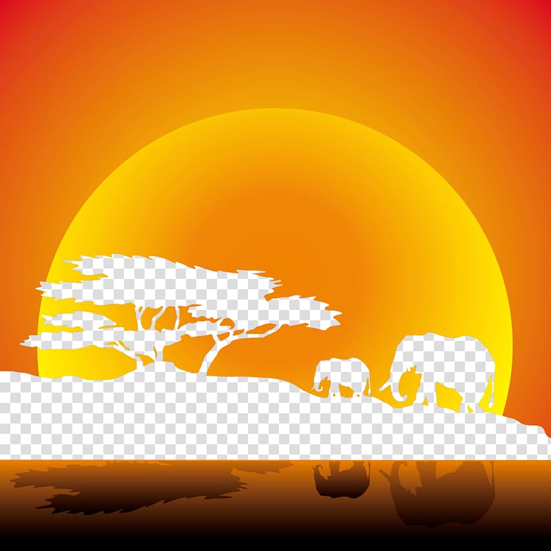 silhouette of elephants illustration, African elephant Savanna, Elephants African savannah sunset transparent background PNG clipart