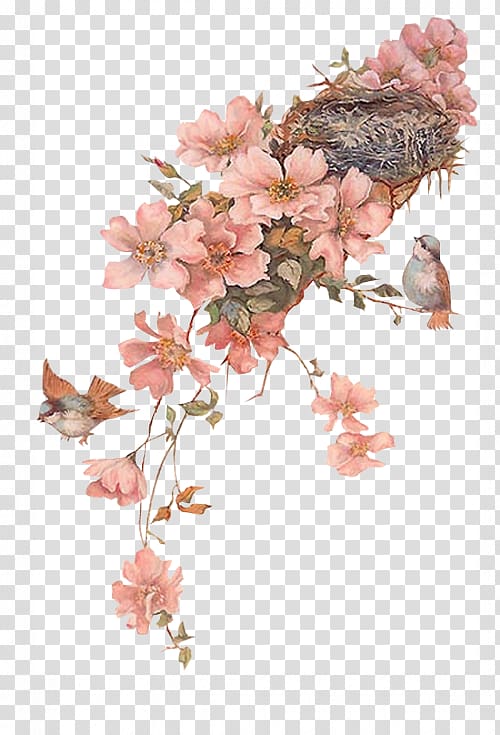 pink flowers illustration, Drawing, birds transparent background PNG clipart