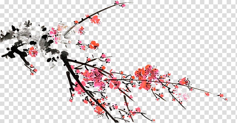 Ink wash painting Watercolor painting Red and White Plum Blossoms, design transparent background PNG clipart