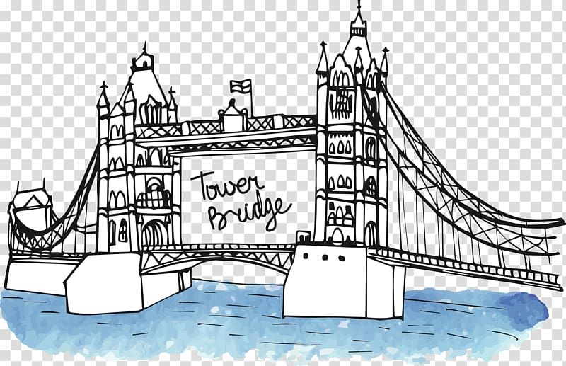 Big Ben Landmark Monument Drawing, British style hand-painted London Bridge transparent background PNG clipart