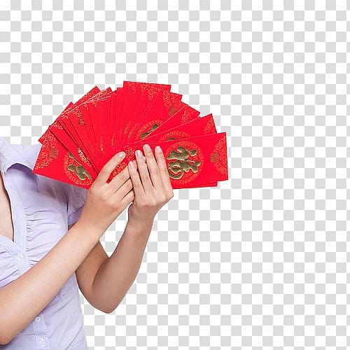 Red envelope Chinese New Year , Business lady holding a red envelope transparent background PNG clipart