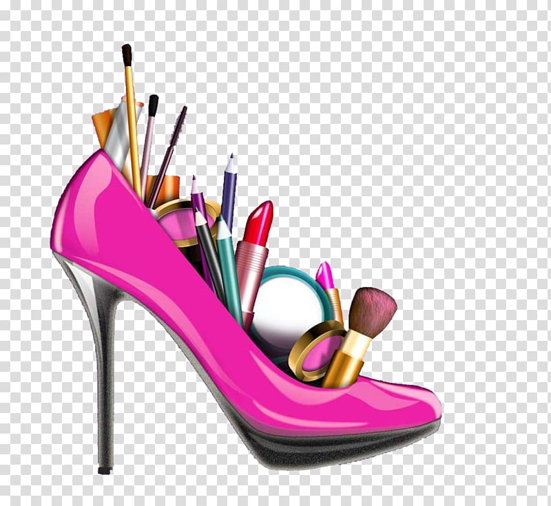 pink stiletto shoe with cosmetics , MAC Cosmetics Fashion illustration , Shoes and cosmetics transparent background PNG clipart