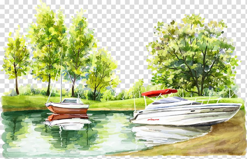 boat and trees painting, Cartoon Watercolor painting Illustration, Creek boat transparent background PNG clipart