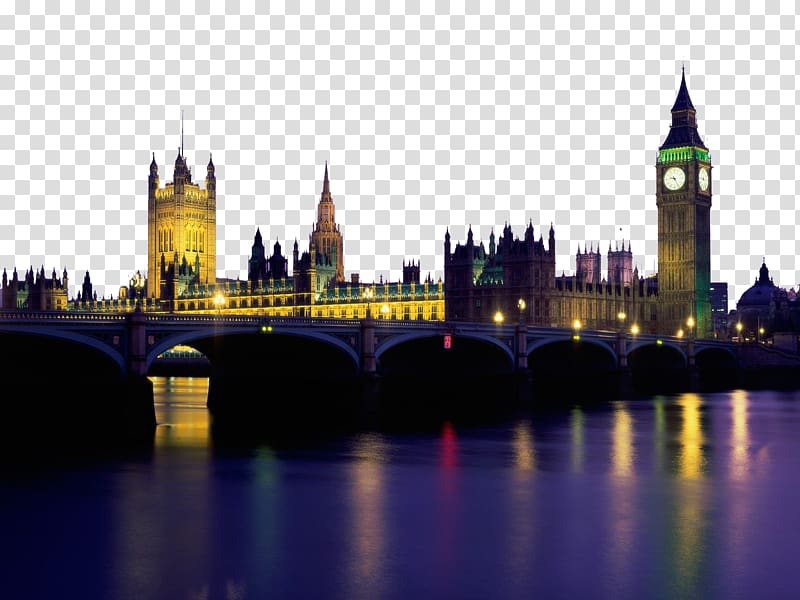 Elizabeth tower, London during nighttime, Palace of Westminster Big Ben Tower of London Tower Bridge , England charming scenery thirteen transparent background PNG clipart