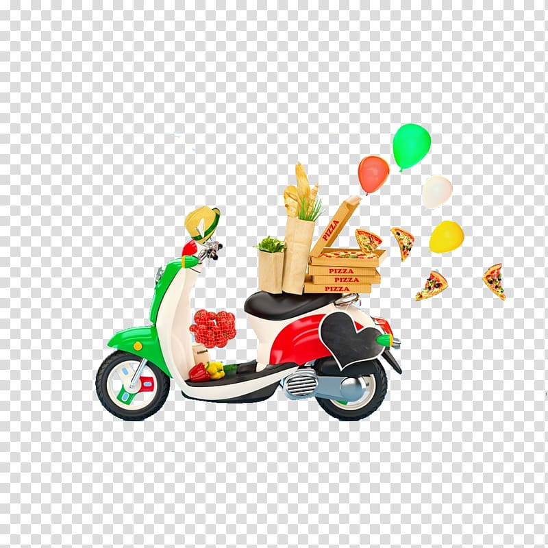 white, red, and black motor scooter and pizza boxes illustrations, Pizza delivery Italian cuisine Take-out, Pizza delivery transparent background PNG clipart