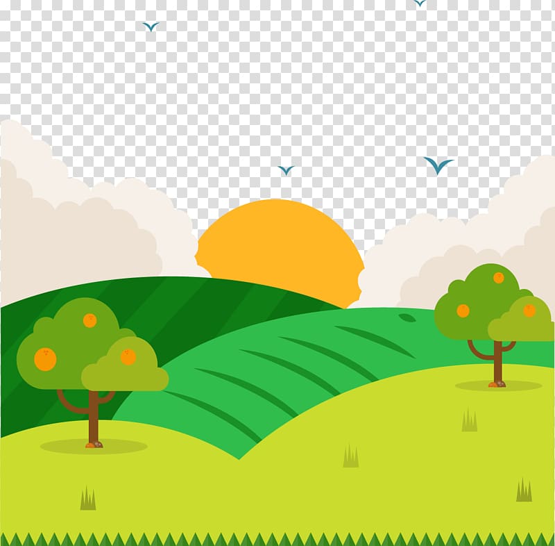 mountain with trees under sun and clouds illustration, Green Cartoon Euclidean , Spring Field transparent background PNG clipart