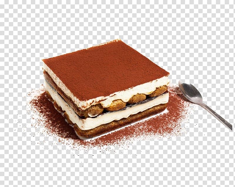square cake beside spoon, Coffee Tiramisu Ladyfinger Italian cuisine Chocolate cake, Chocolate cake with spoon transparent background PNG clipart