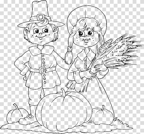 Coloring book Child Pilgrims Autumn Thanksgiving Day, child transparent background PNG clipart
