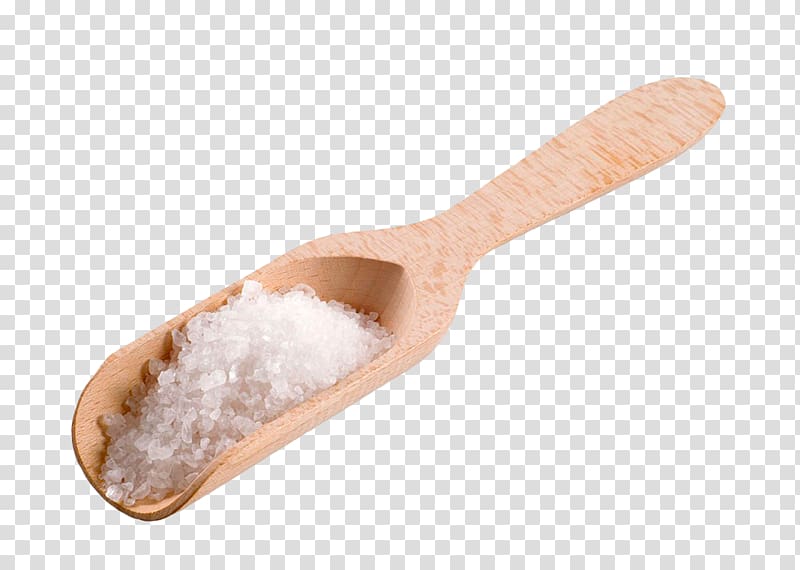 brown wooden scoop with salts, Sea salt Wood Shovel Crystal, White coarse salt on wooden shovel transparent background PNG clipart