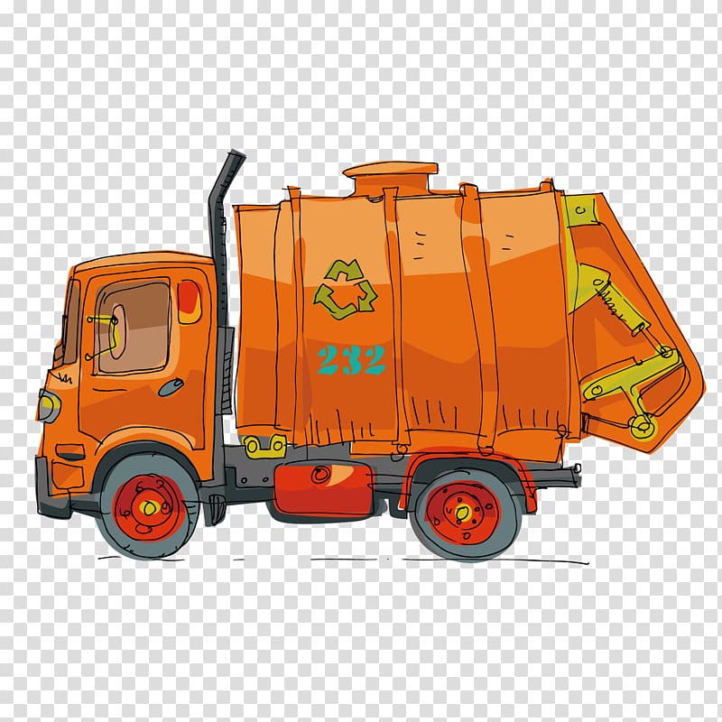 Garbage truck Cartoon, yellow hand-painted garbage truck flat truck transparent background PNG clipart