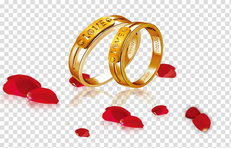 gold-colored rings illustration, Wedding ring Bride, Petals wedding decoration transparent background PNG clipart
