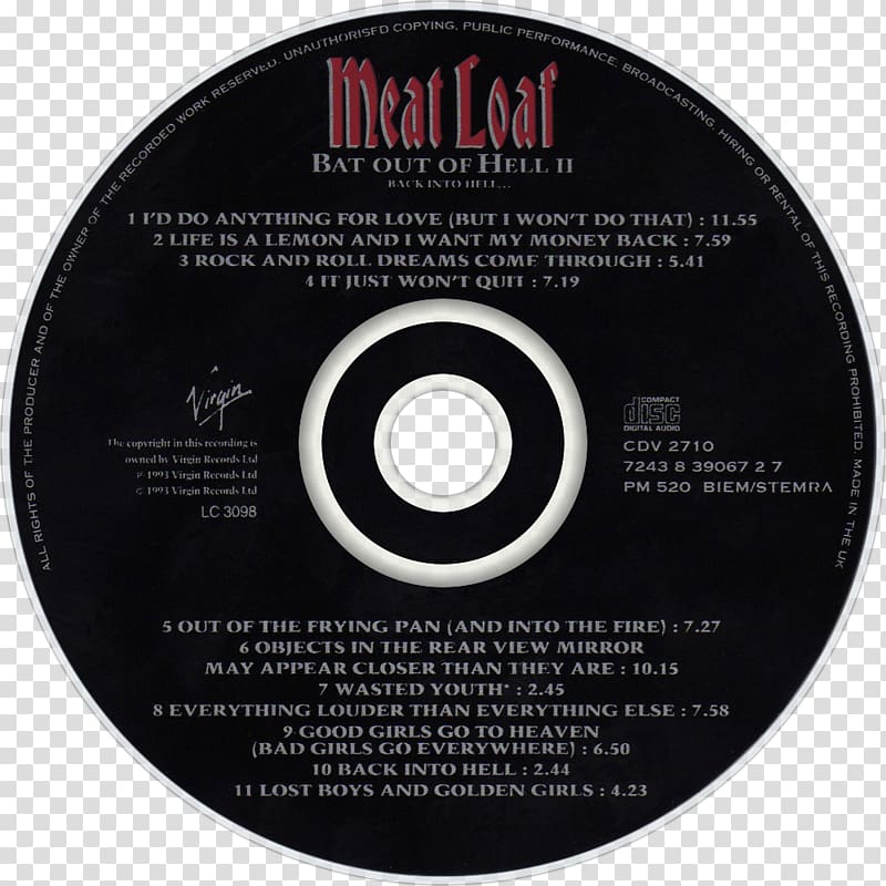 Compact disc Brand Disk storage, Bat Out Of Hell Ii Back Into Hell transparent background PNG clipart
