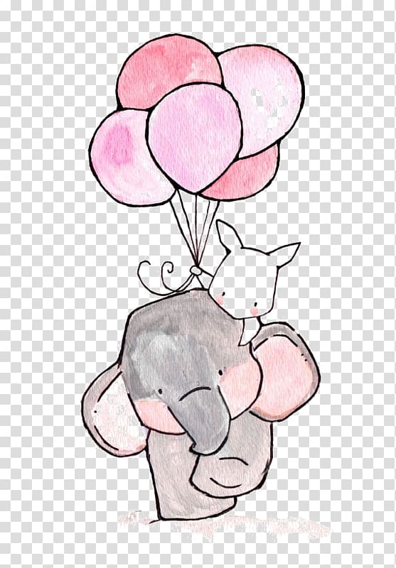 elephant and rabbit holding balloon illustration, Paper Printing Child Drawing Illustration, Cartoon hand-painted rabbit ball with a balloon transparent background PNG clipart