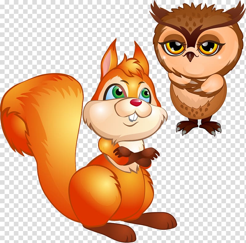 Owl Cartoon Illustration, Squirrels and owls transparent background PNG clipart