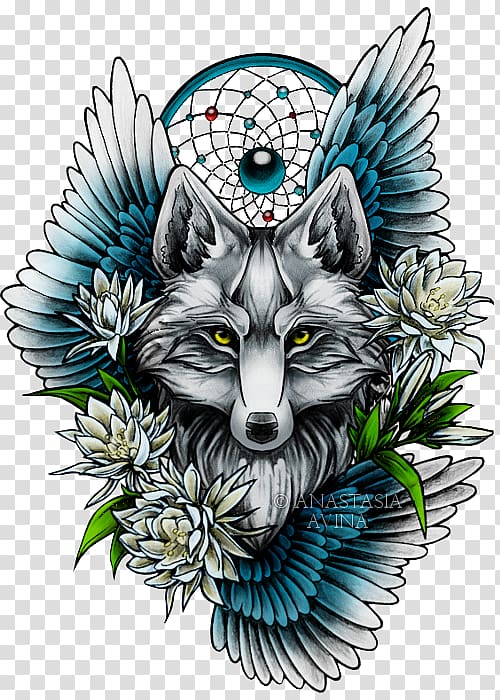 gray wolf and flowers art, Tattoo artist Drawing Body art Sketch, totem tattoo transparent background PNG clipart