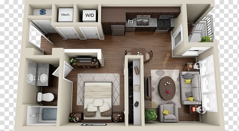 Studio apartment House plan 3D floor plan, products renderings transparent background PNG clipart