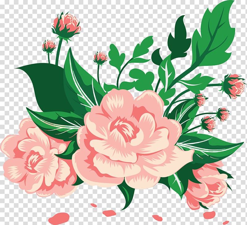 pink rose flowers with green leaves illustration, Retro fresh hand-painted camellia transparent background PNG clipart