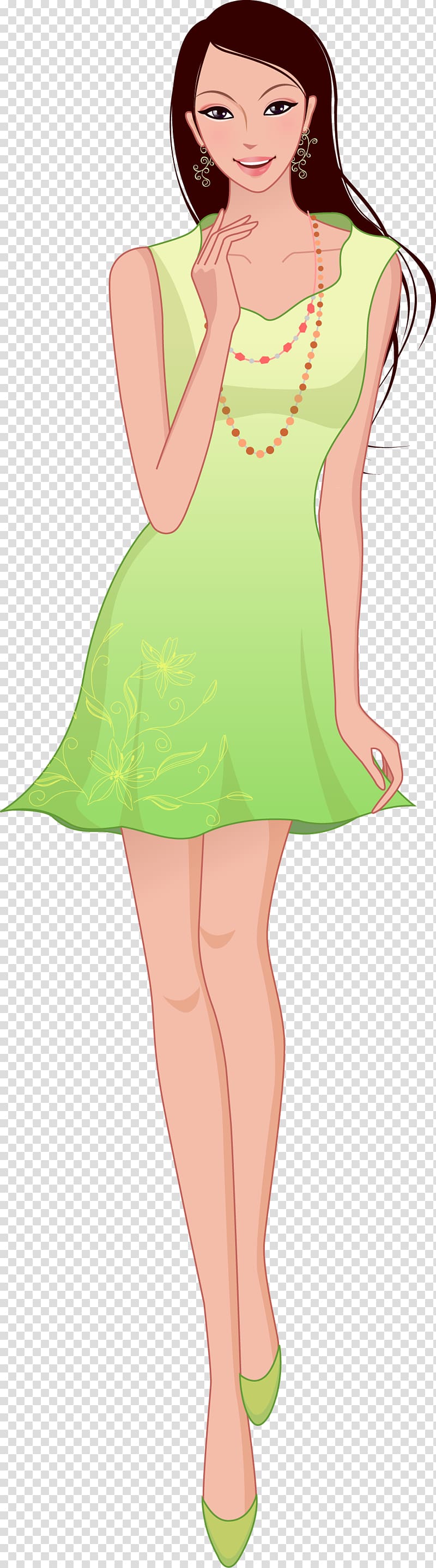 Cartoon Woman Illustration, green dress women transparent background PNG clipart