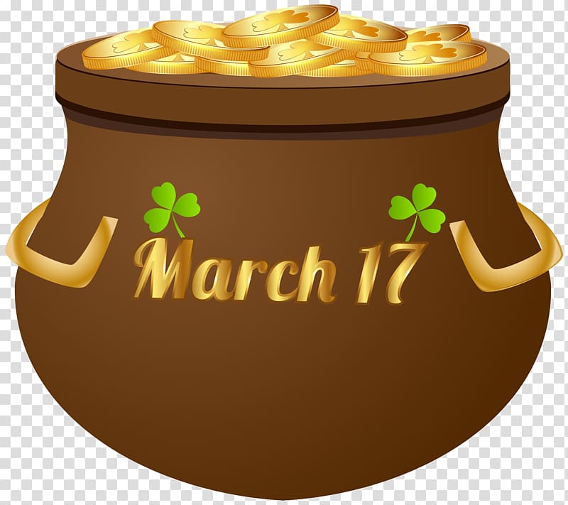 gold-colored coins on brown ceramic jar , Saint Patrick\'s Day , 17 March Pot of Gold transparent background PNG clipart