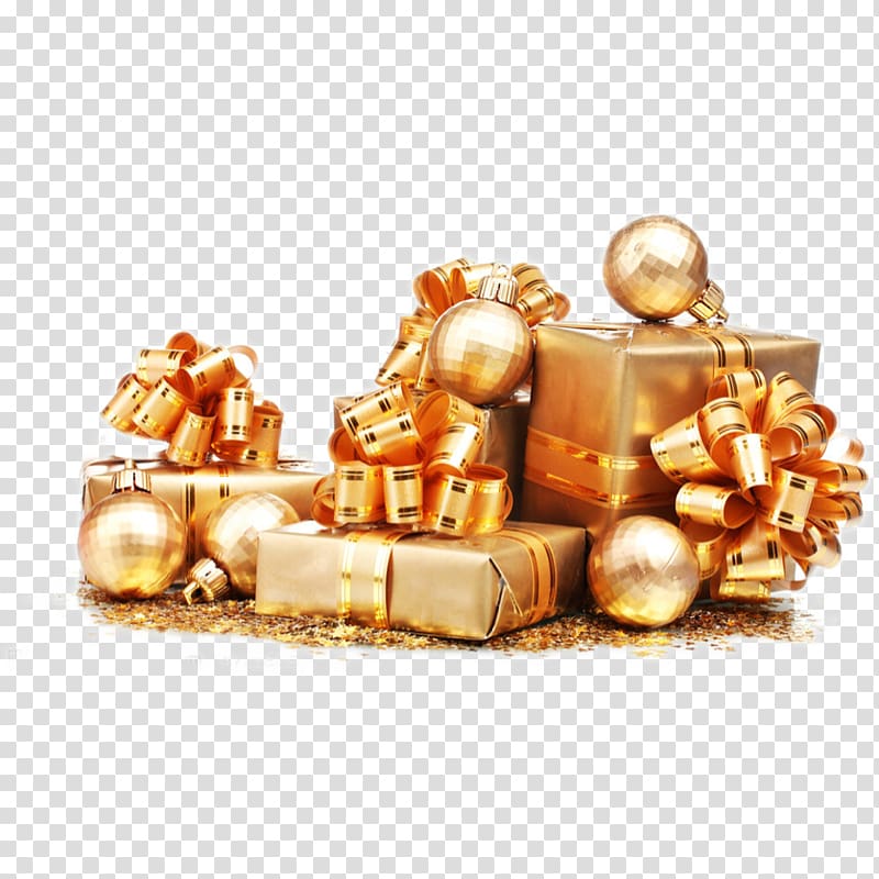 gold gift boxes and baubles, Santa Claus Gift Christmas ornament, Gold Christmas gifts transparent background PNG clipart