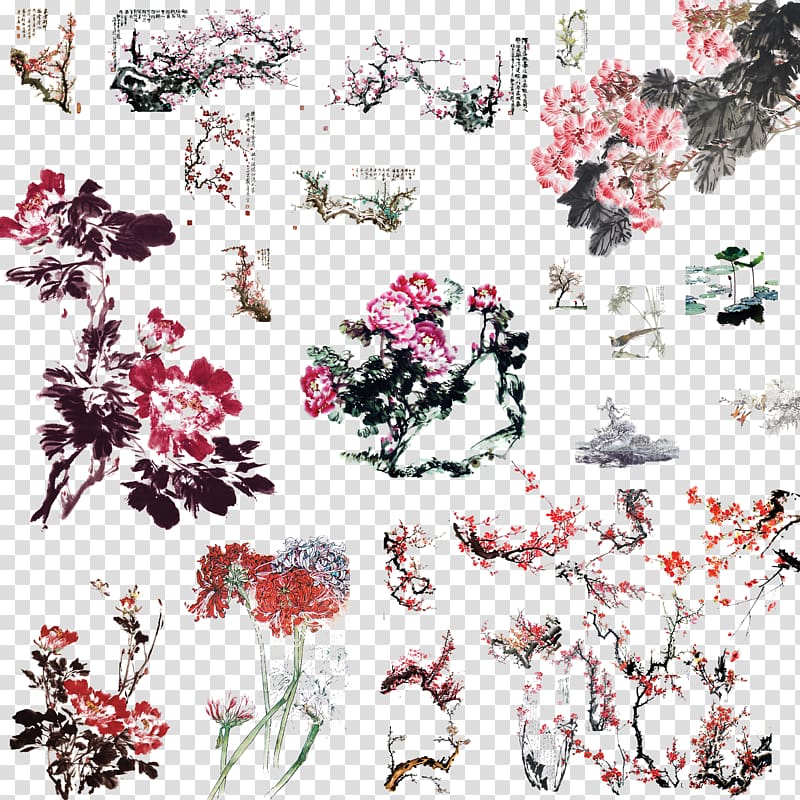 Ink brush Chinese painting Ink wash painting, Chinese painting flower collection transparent background PNG clipart