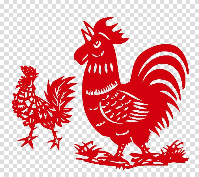 Chinese New Year Rooster New Years Day Chinese calendar, Red paper-cut chicken transparent background PNG clipart