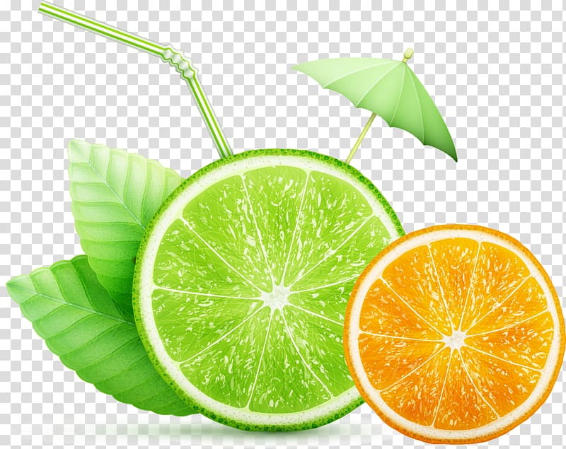 Orange juice Lemon Lime, Fruits and green leafy parasol transparent background PNG clipart