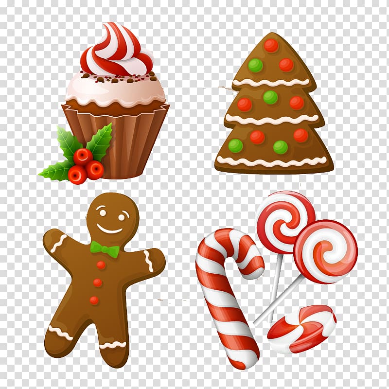 Christmas cake Candy cane Gingerbread man, 4 Christmas cake dessert material transparent background PNG clipart