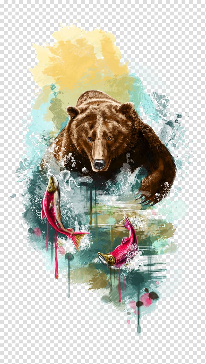 brown bear catching fish illustration, Hand painted watercolor bear caught fish transparent background PNG clipart