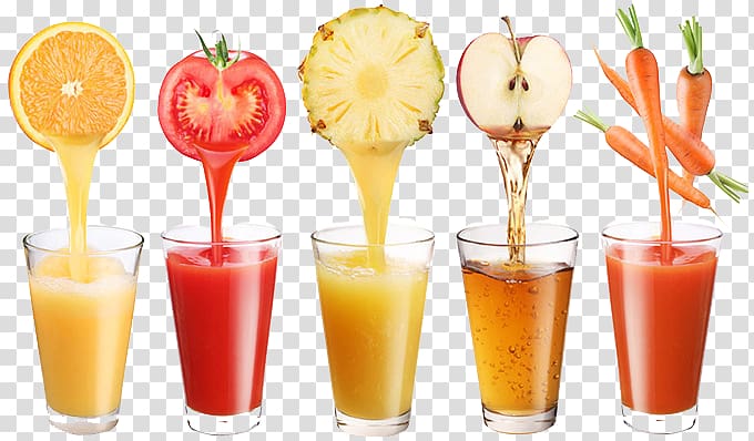 five assorted juices illustration, Orange juice Apple juice Drink, Creative Juices transparent background PNG clipart