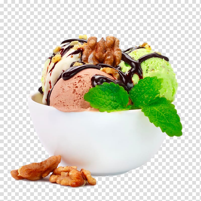 ice cream with mint and walnut on white ceramic bowl, Ice cream Gelato Coffee Frozen yogurt, Sauce ice cream ball transparent background PNG clipart