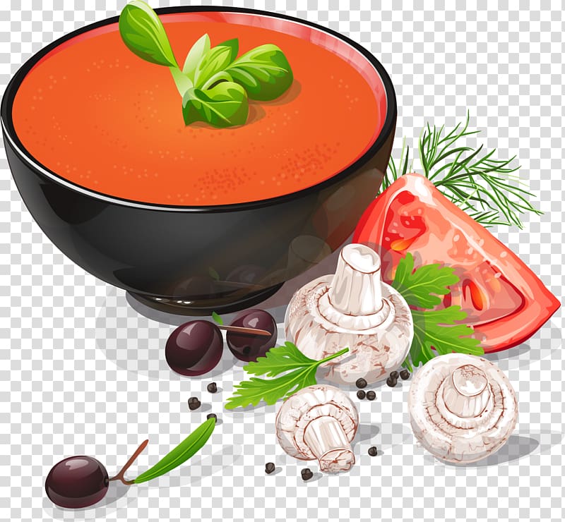 vegetables and bowl , Tomato soup Macaroni soup Fish ball, painted tomato soup transparent background PNG clipart